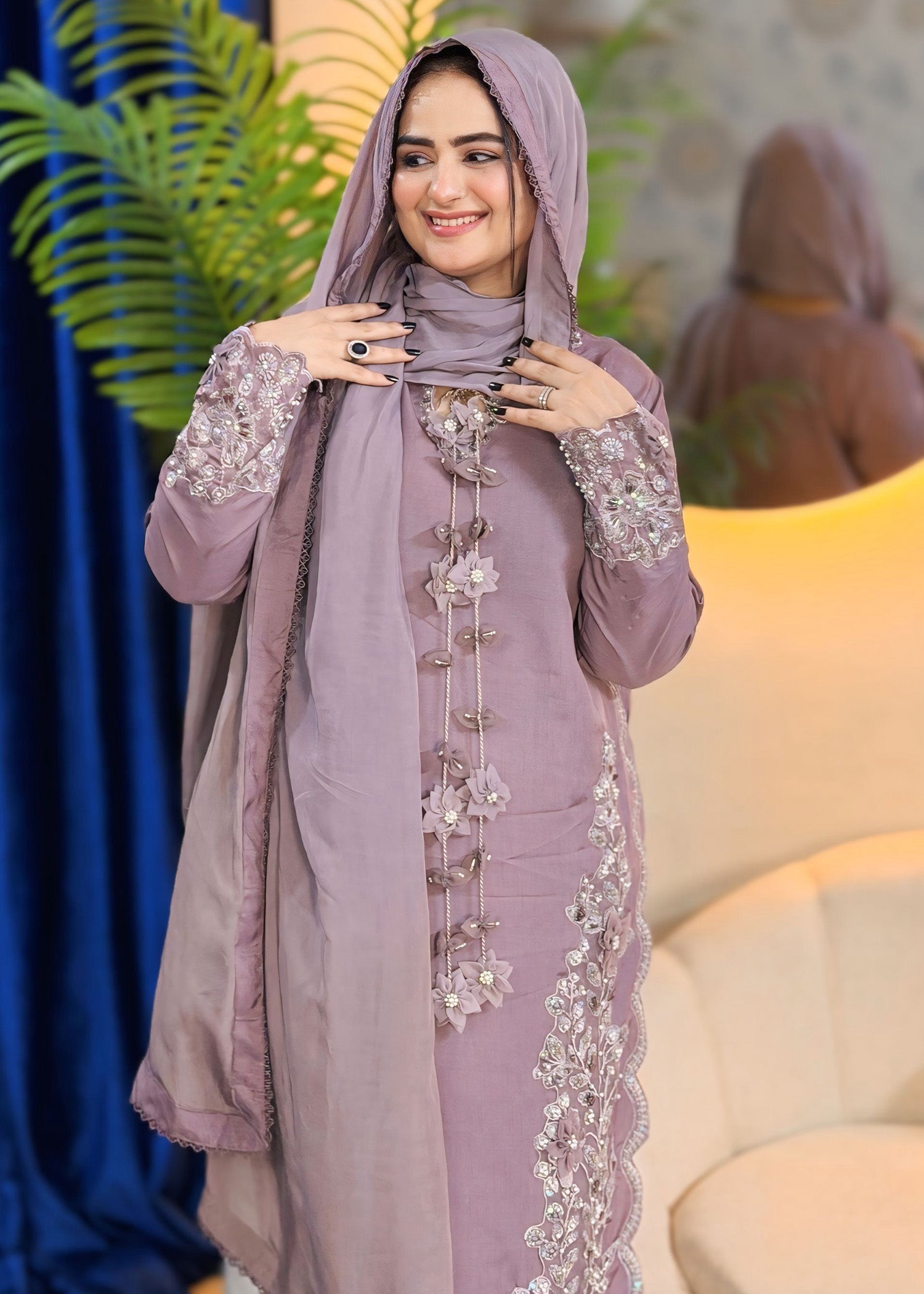 Organza Dupatta Lilac Raw Silk Suit Online in Sri Lanka India Australia
