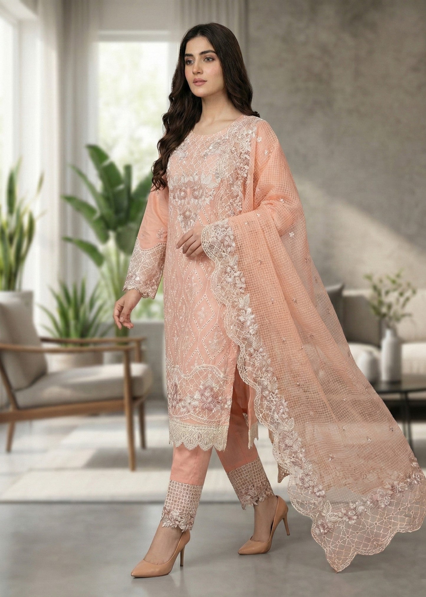 Organza Dupatta Peach Lawn Embroidered Suit Online in Dubai UAE Abudhabi Ajman Sharjah