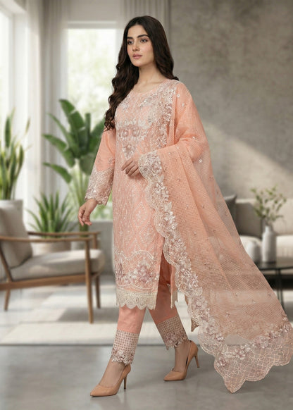 Organza Dupatta Peach Lawn Embroidered Suit Online in Dubai UAE Abudhabi Ajman Sharjah