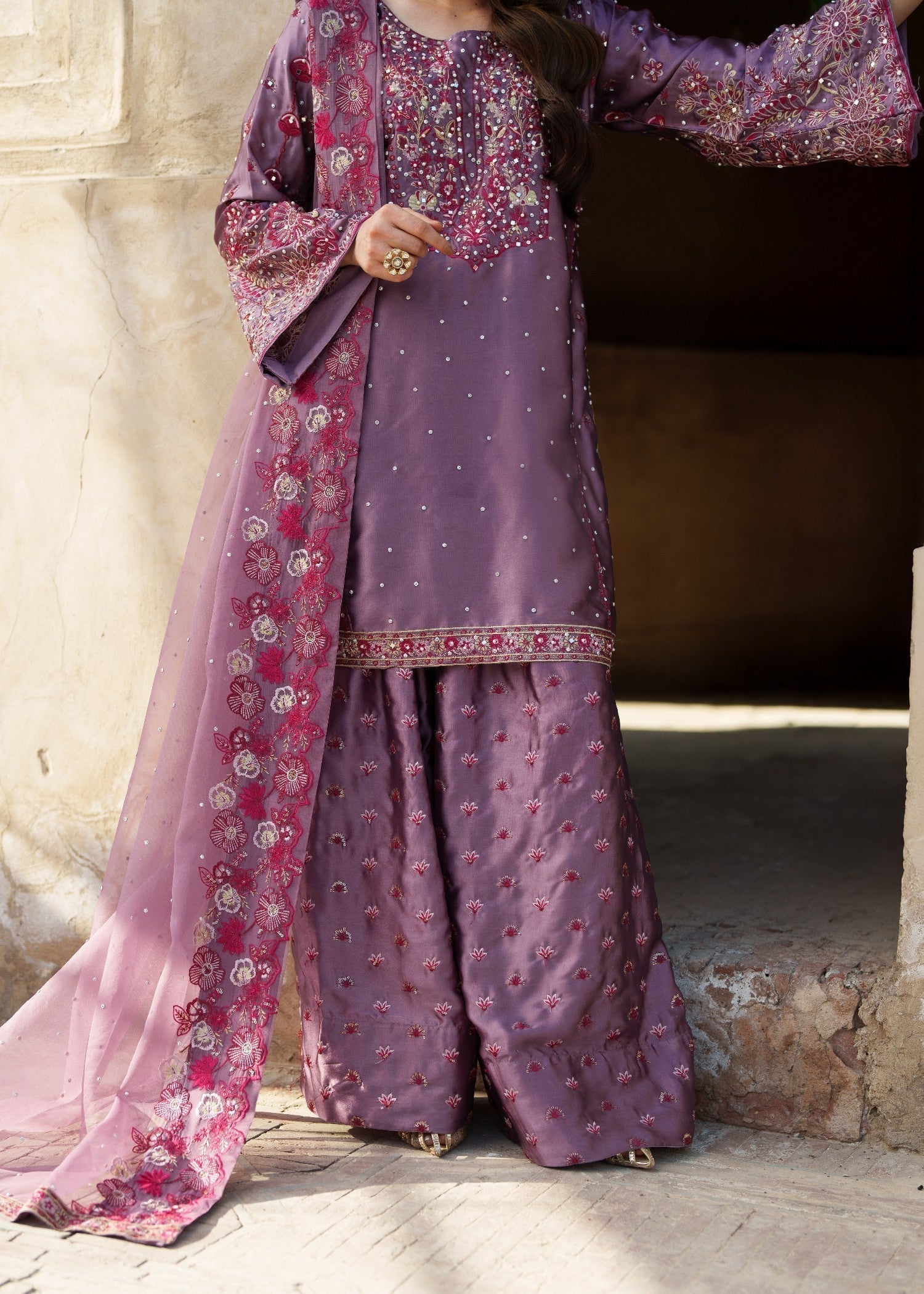 Organza Dupatta Silk Salwar Kameez Purple Online in KSA Riyadh Saudi Arabia Oman Bahrain Qatar