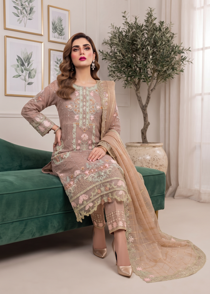 Organza Embroidered Almond Brown Festive Suit Online in UK USA Canada