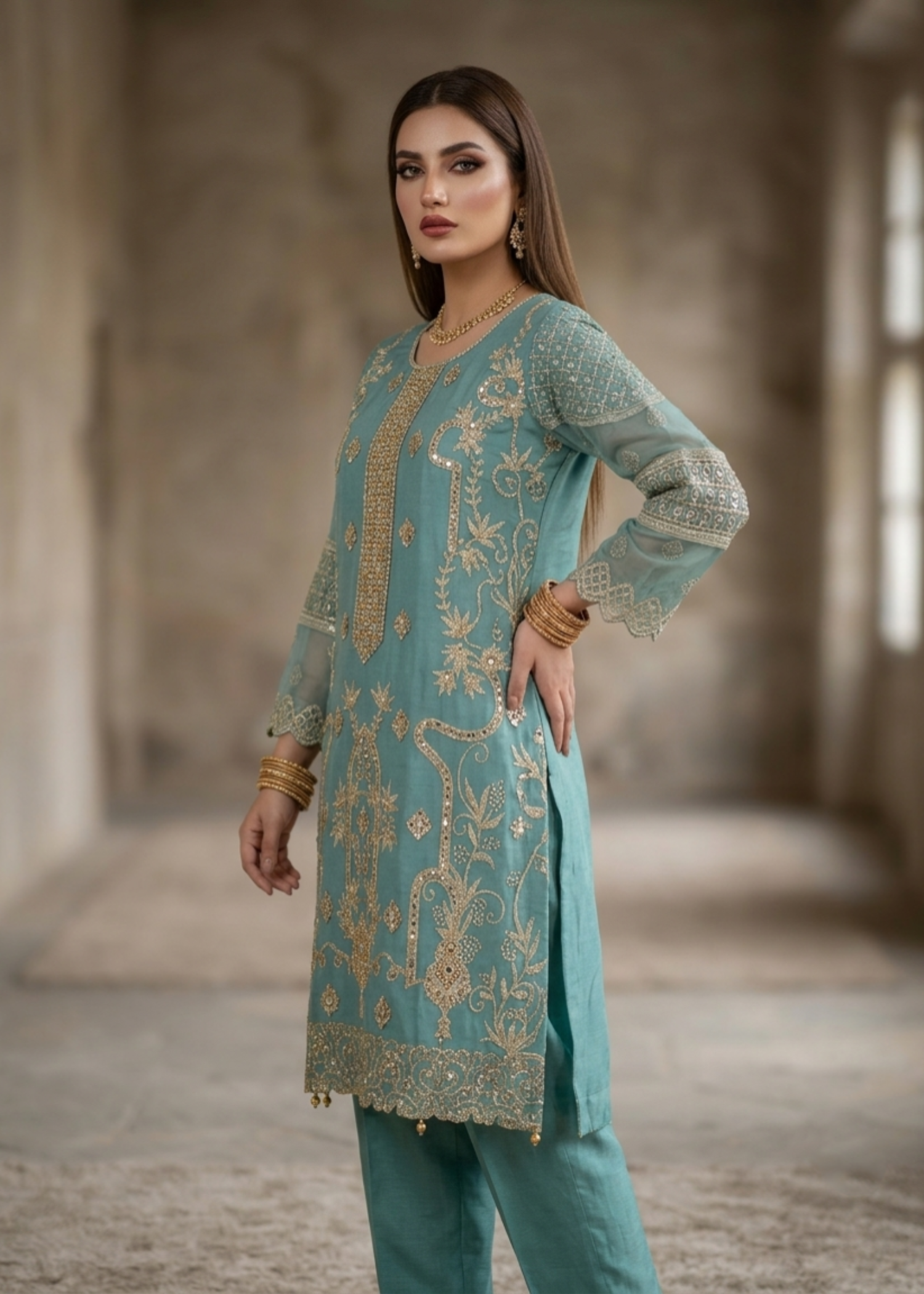 Organza Embroidered Aquamarine Ladies Partywear Suit Online in Sri Lanka India Australia