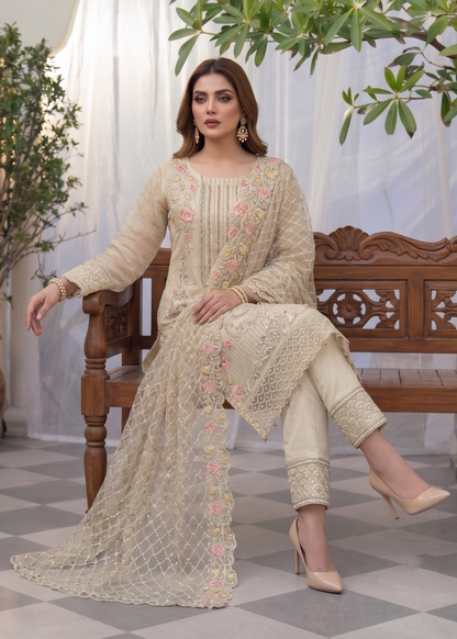 Organza Embroidered Beige Ladies Suit Online in Dubai DXB UAE Abudhabi Meena Bazaar