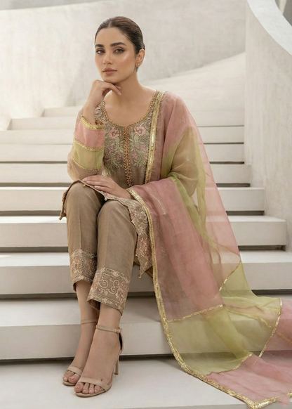Organza Embroidered Beige Pakistani Suit Online in Dubai UAE Abudhabi Ajman Sharjah