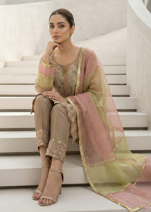 Organza Embroidered Beige Pakistani Suit Online in Dubai UAE Abudhabi Ajman Sharjah