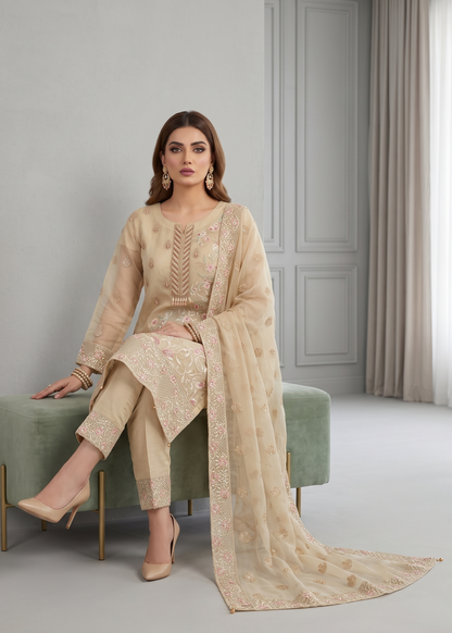 Organza Embroidered Beige Pakistani Suit Online in KSA Riyadh Saudi Arabia Oman Bahrain Qatar