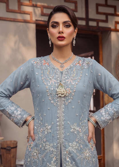 Organza Embroidered Duck Egg Grey Pakistani Designer Suit Online in Dubai DXB UAE Abudhabi Meena Bazaar