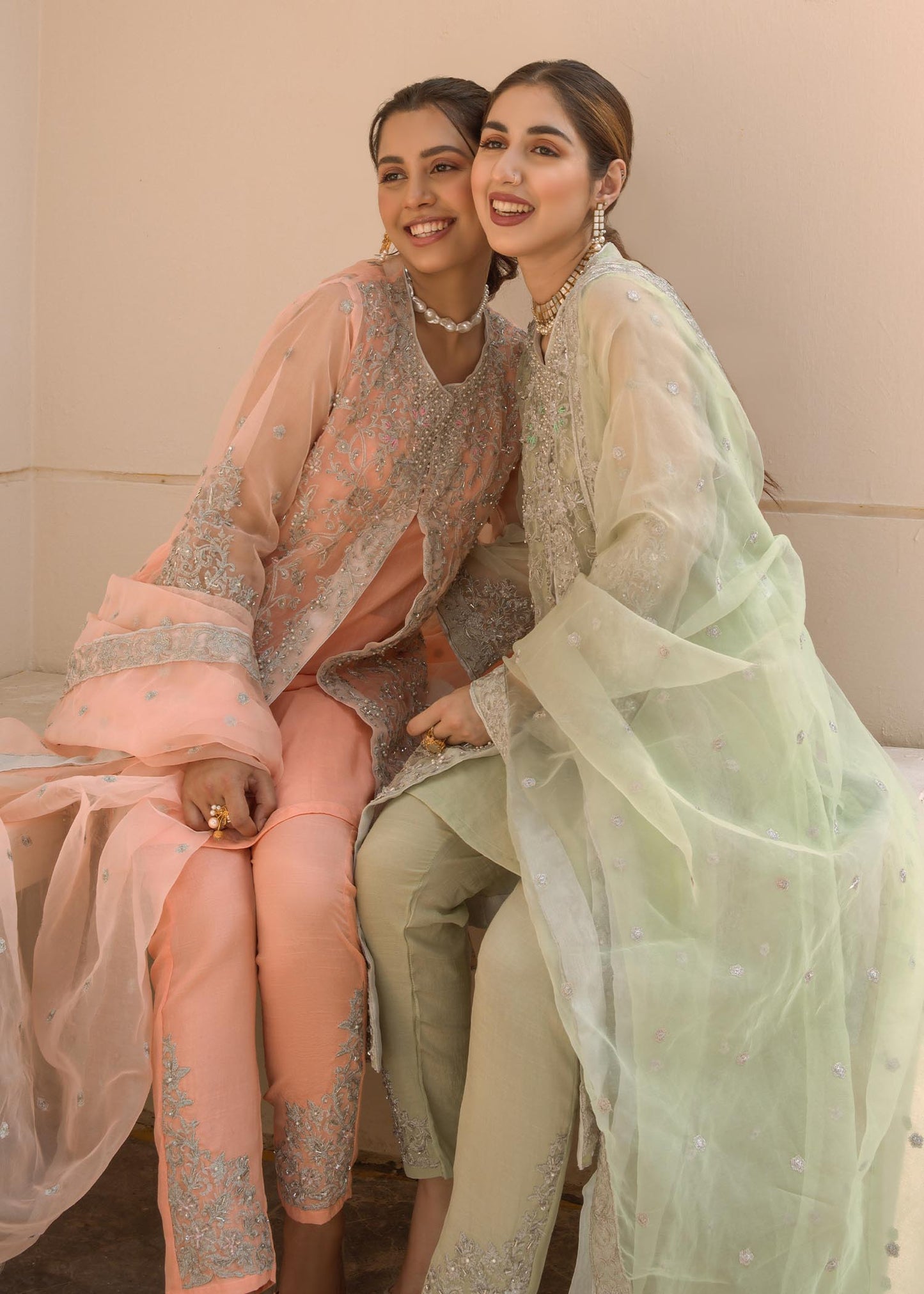 Organza Embroidered Dupatta with Mint Green Raw Silk Trouser Online in Dubai UAE Abudhabi Ajman Sharjah