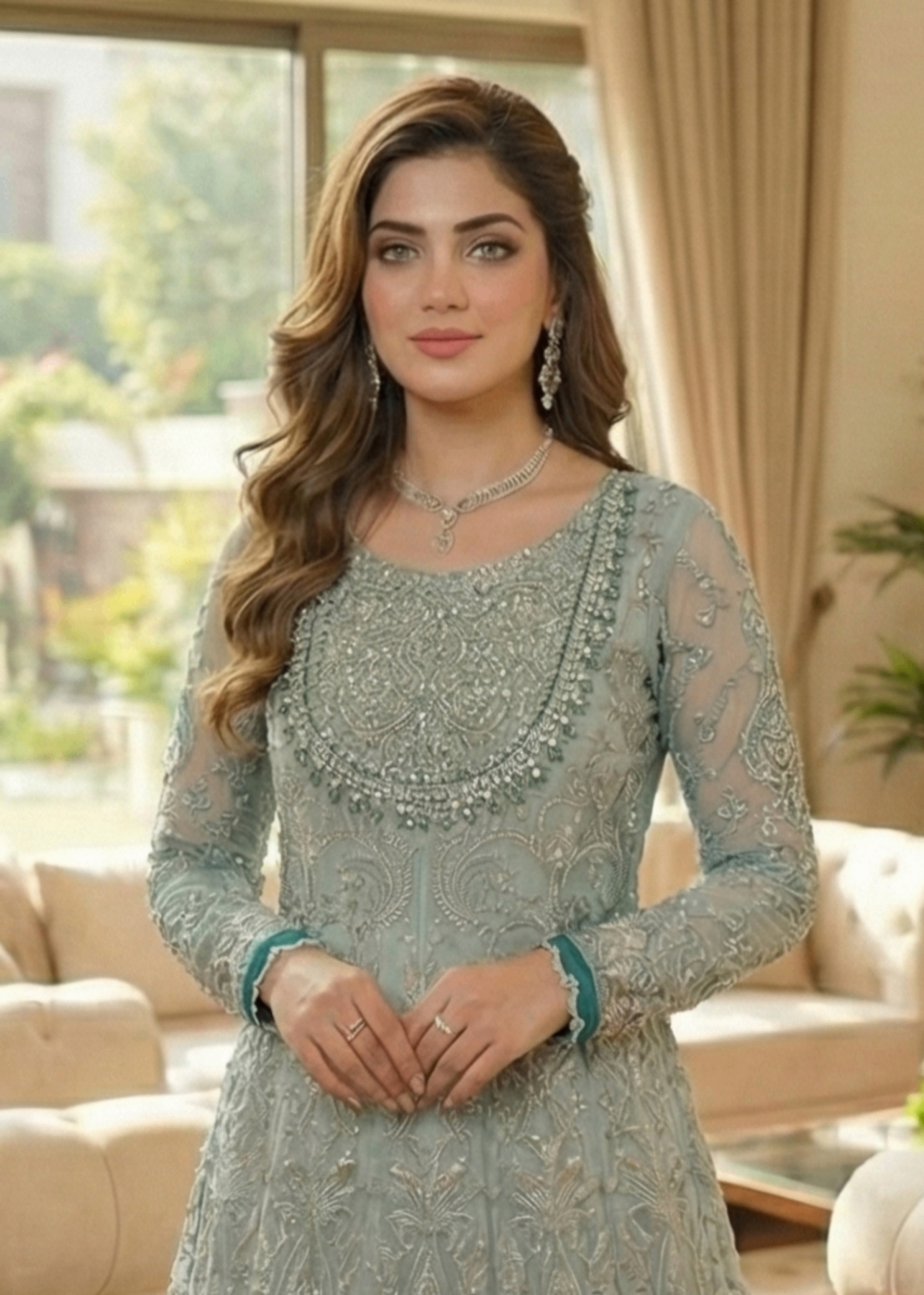 Organza Embroidered Frost Blue Maxi with Straight Trouser Online in Dubai UAE Abudhabi Ajman Sharjah