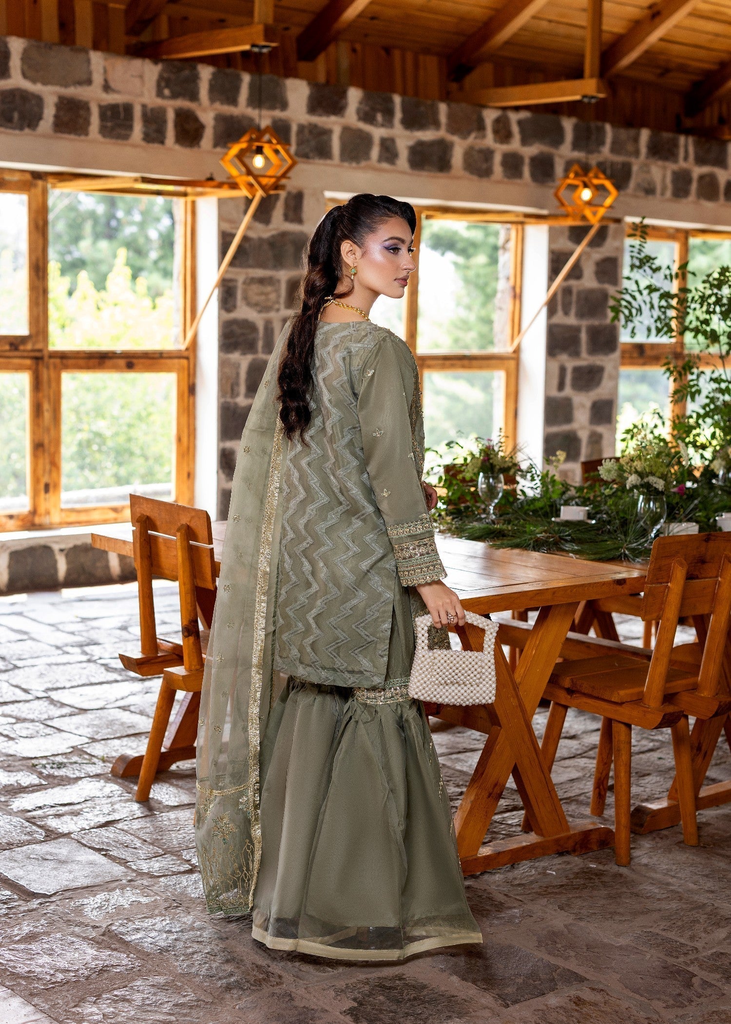 Organza Embroidered Gharara Mint Green Partywear Online in Sri Lanka India Australia