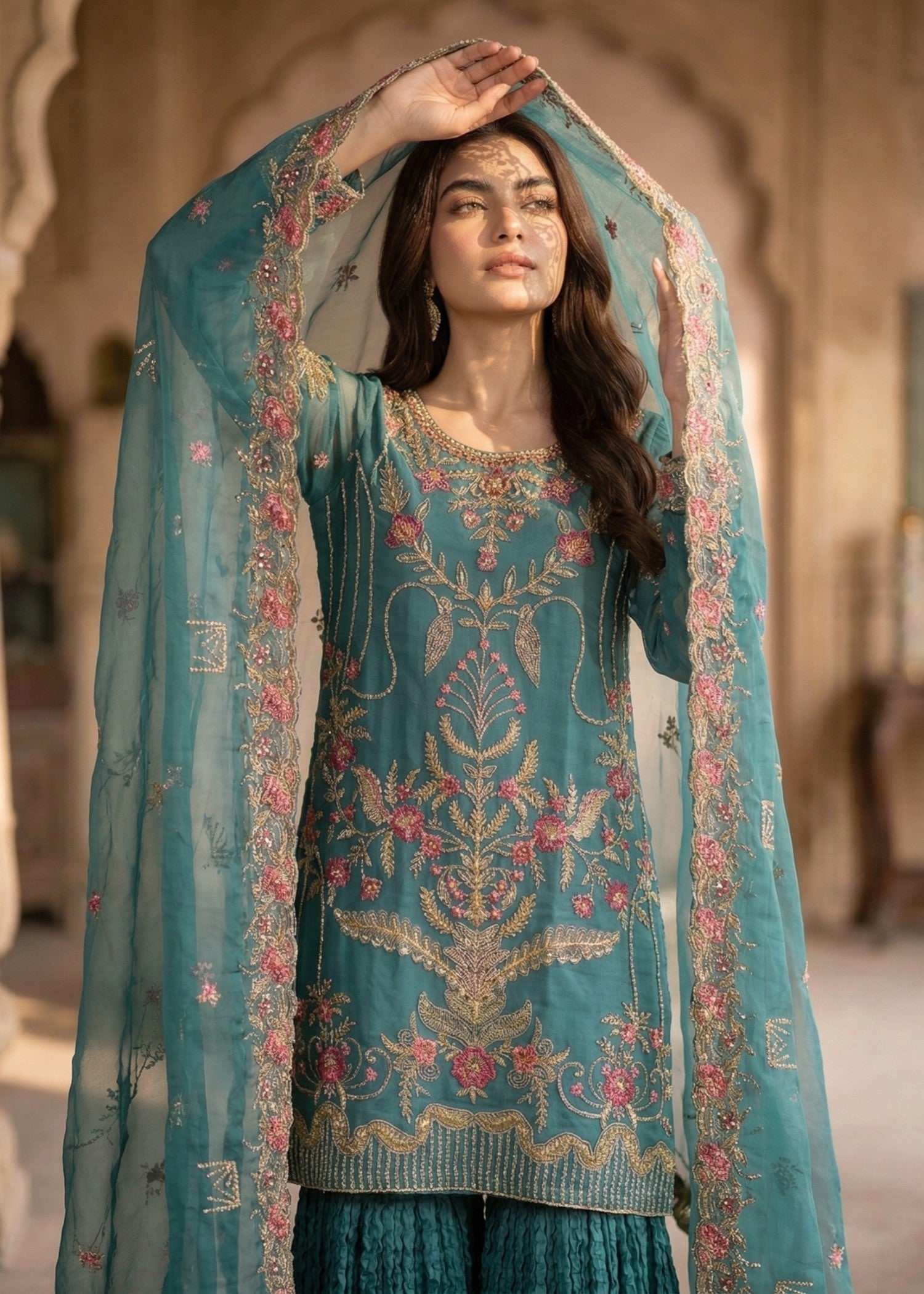 Organza Embroidered Gharara Set Sea Green Online in Dubai UAE Abudhabi Ajman Sharjah