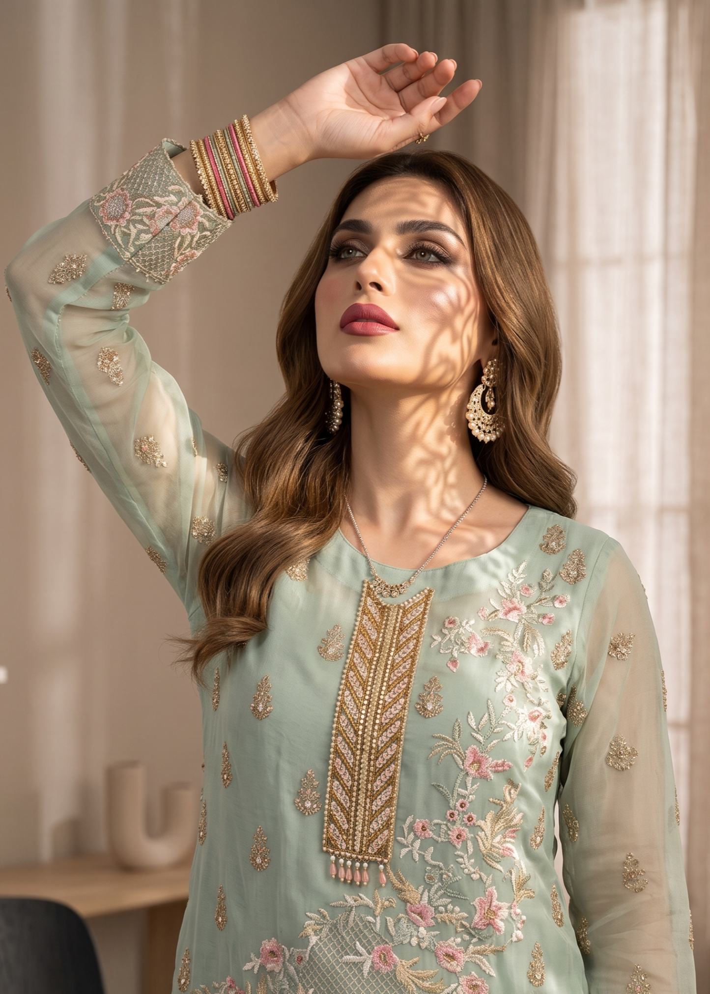 Organza Embroidered Ladies Suit Online in KSA Riyadh Saudi Arabia Oman Bahrain Qatar