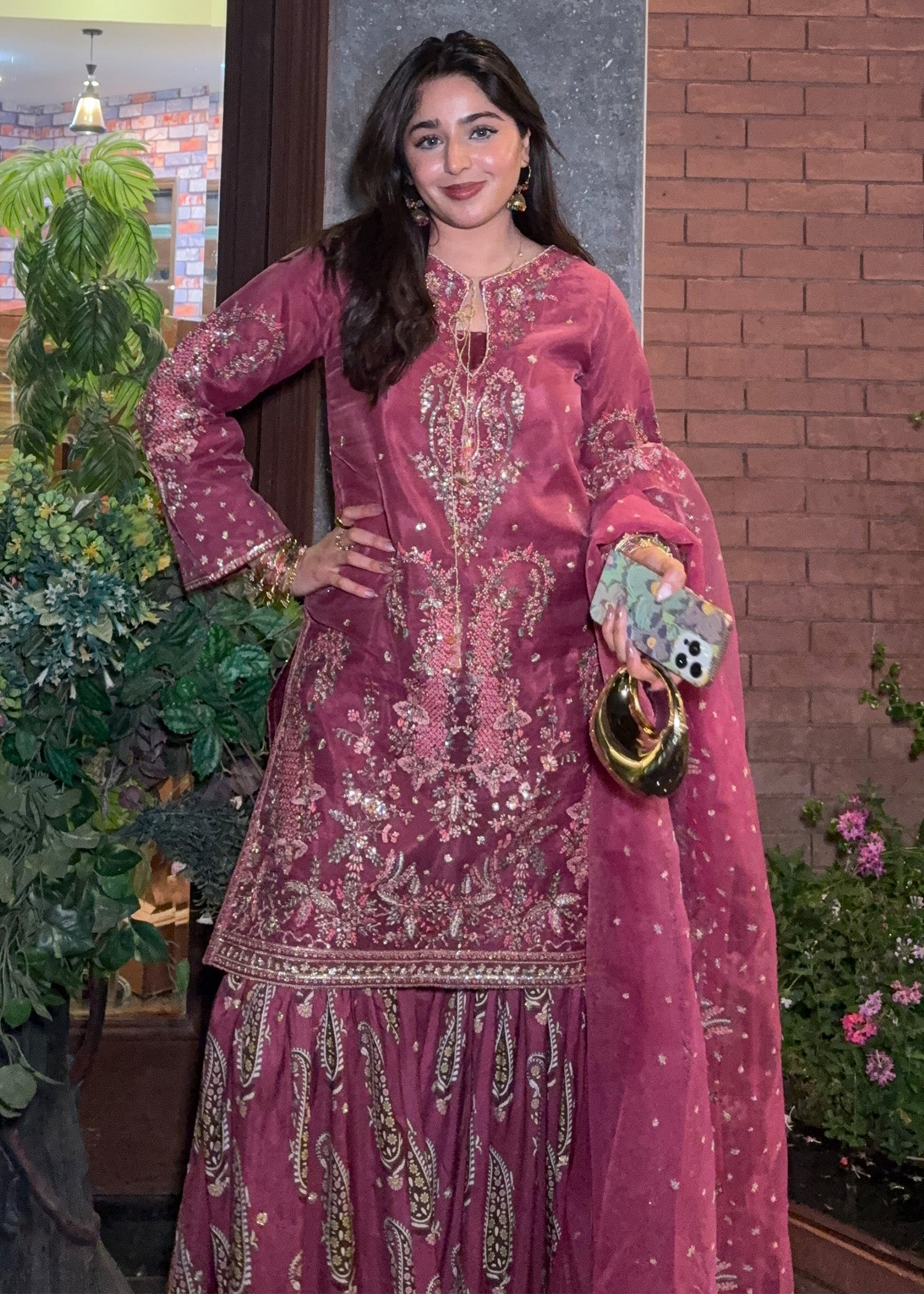 Organza Embroidered Mauve Gharara Set Online in KSA Riyadh Saudi Arabia Oman Bahrain Qatar