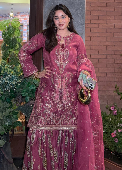 Organza Embroidered Mauve Gharara Set Online in KSA Riyadh Saudi Arabia Oman Bahrain Qatar