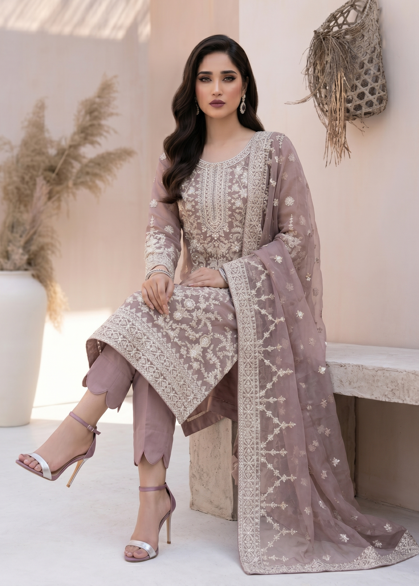 Organza Embroidered Mauve Pink Ladies Salwar Kameez Online in UK USA Canada
