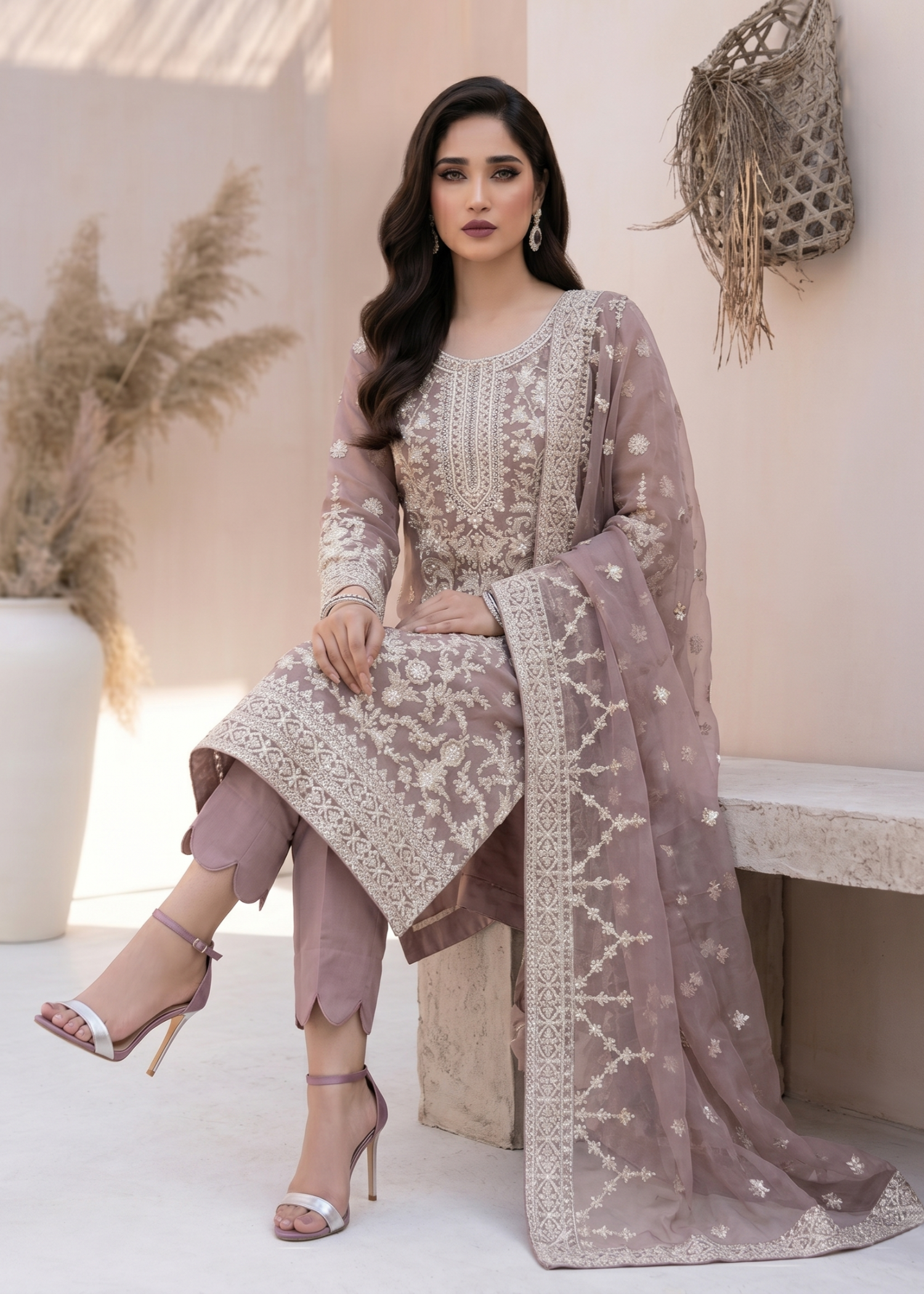 Organza Embroidered Mauve Pink Ladies Salwar Kameez Online in UK USA Canada