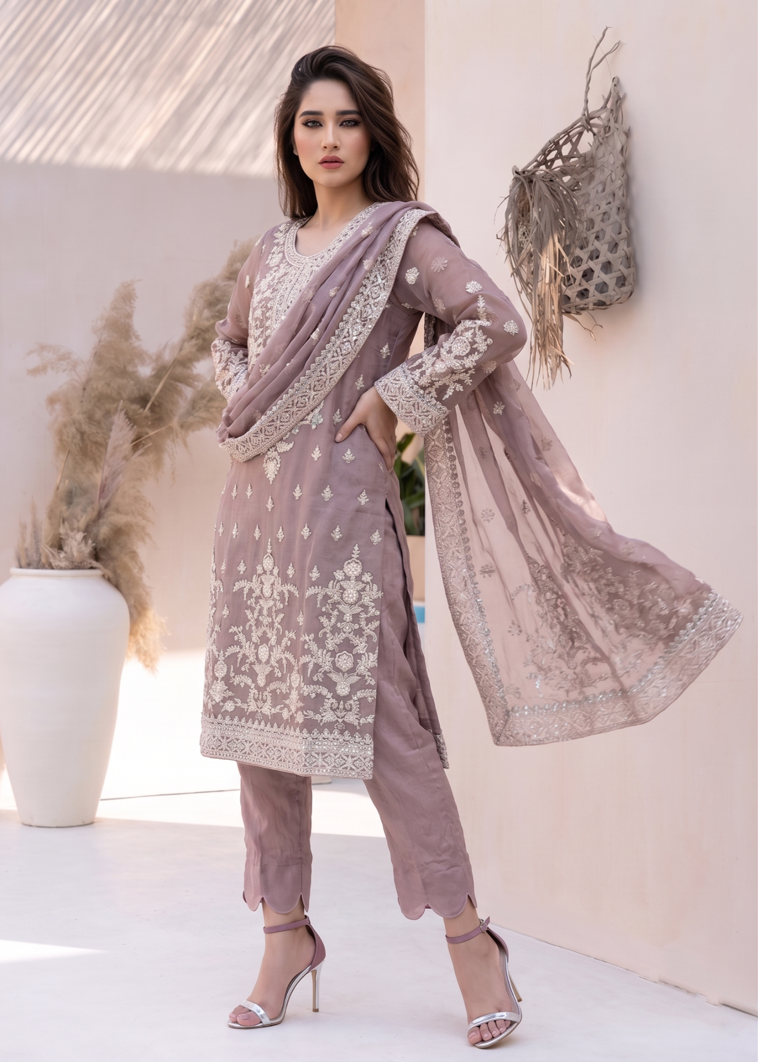 Organza Embroidered Mauve Pink Ladies Salwar Kameez Online in UK USA Canada