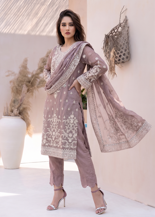 Organza Embroidered Mauve Pink Ladies Salwar Kameez Online in UK USA Canada