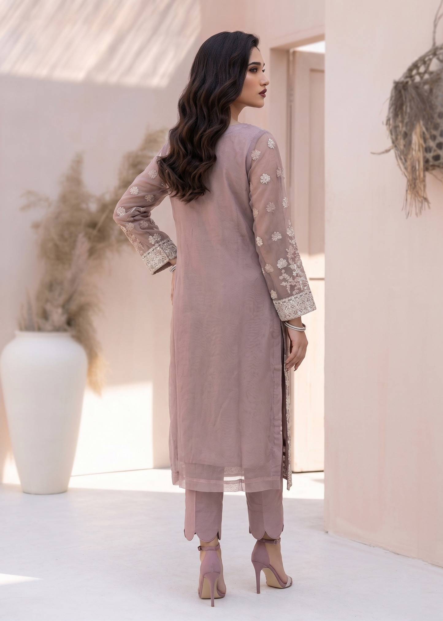 Organza Embroidered Mauve Pink Ladies Salwar Kameez Online in UK USA Canada