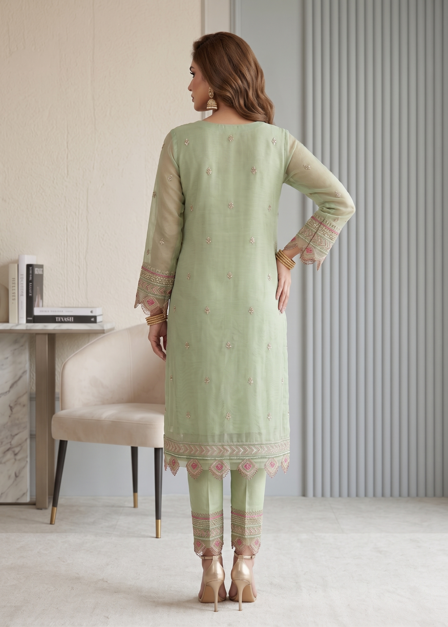 Organza Embroidered Moss Green Ladies Suit Online in Dubai UAE Abudhabi Ajman Sharjah