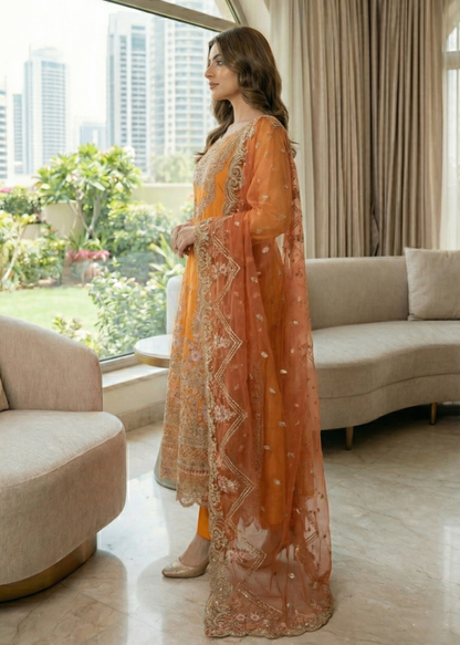 Organza Embroidered Mustard High-Low Pishwas Online in Sri Lanka India Australia