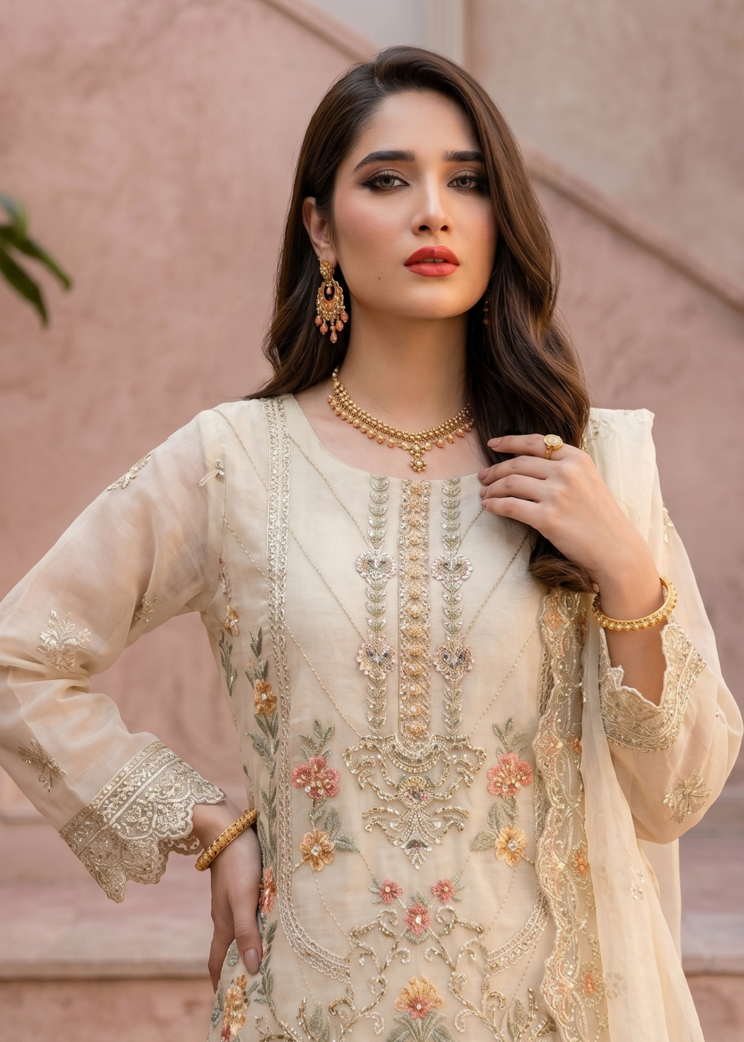 Organza Embroidered Off-White Party Wear Dress Online in Sri Lanka India Australia