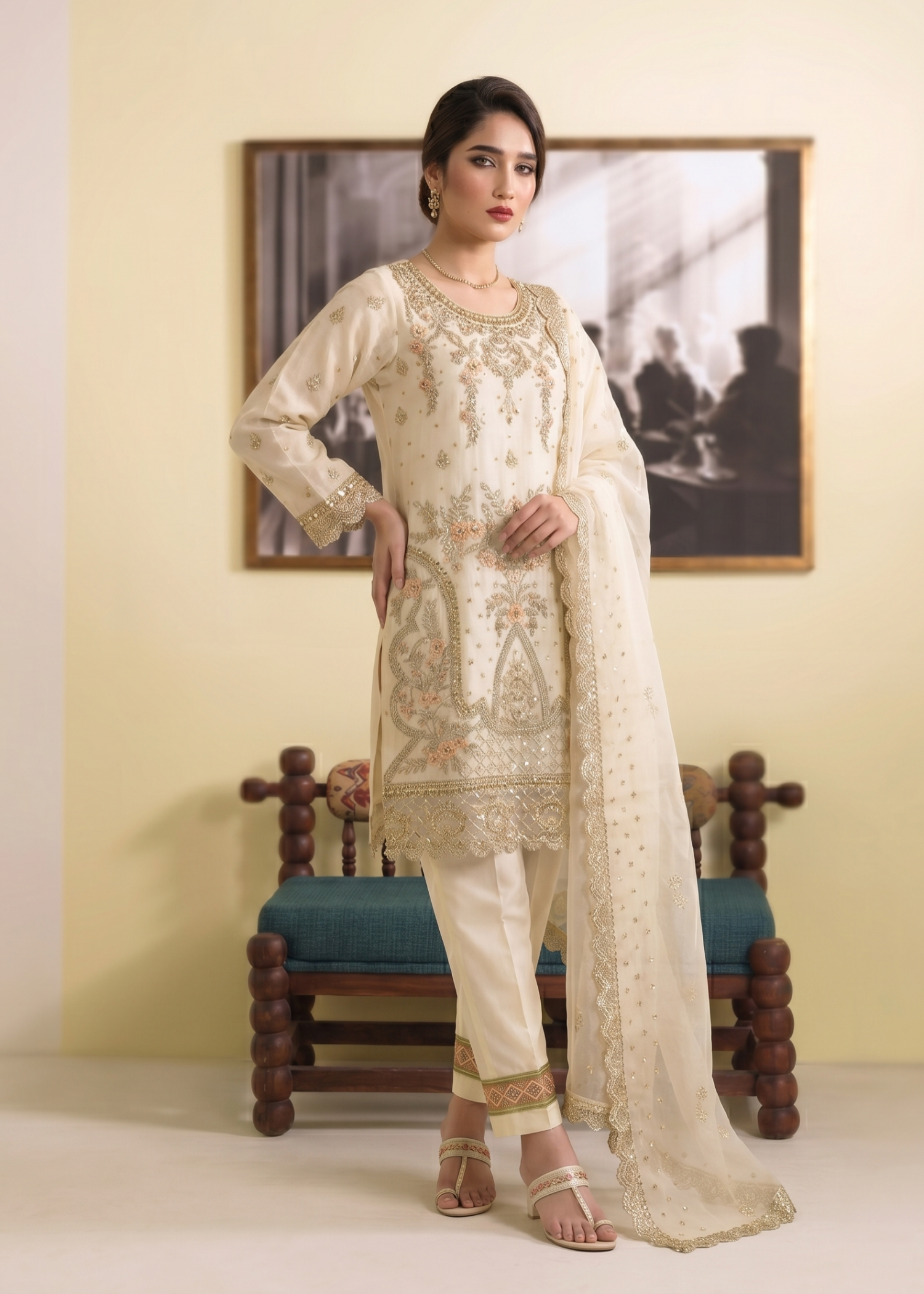 Organza Embroidered Off White Partywear Suit Online in Sri Lanka India Australia