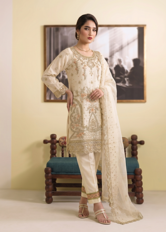 Organza Embroidered Off White Partywear Suit Online in Sri Lanka India Australia