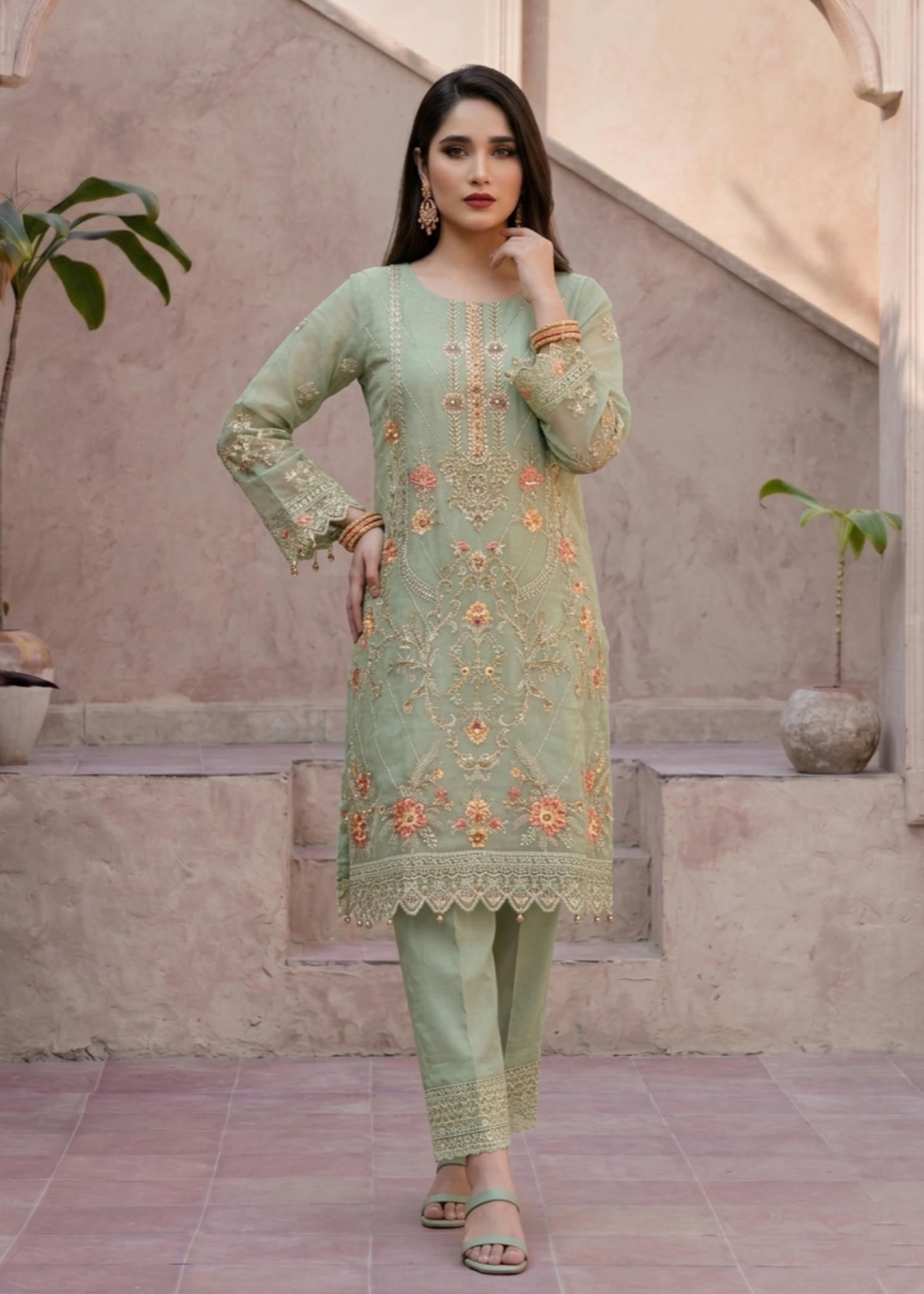 Organza Embroidered Pistachio Green Pakistani Suit Online in KSA Riyadh Saudi Arabia Oman Bahrain Qatar