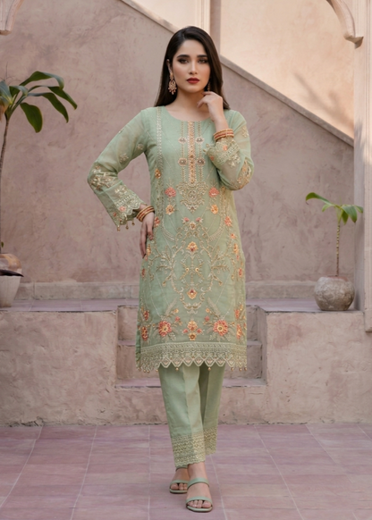 Organza Embroidered Pistachio Green Pakistani Suit Online in KSA Riyadh Saudi Arabia Oman Bahrain Qatar