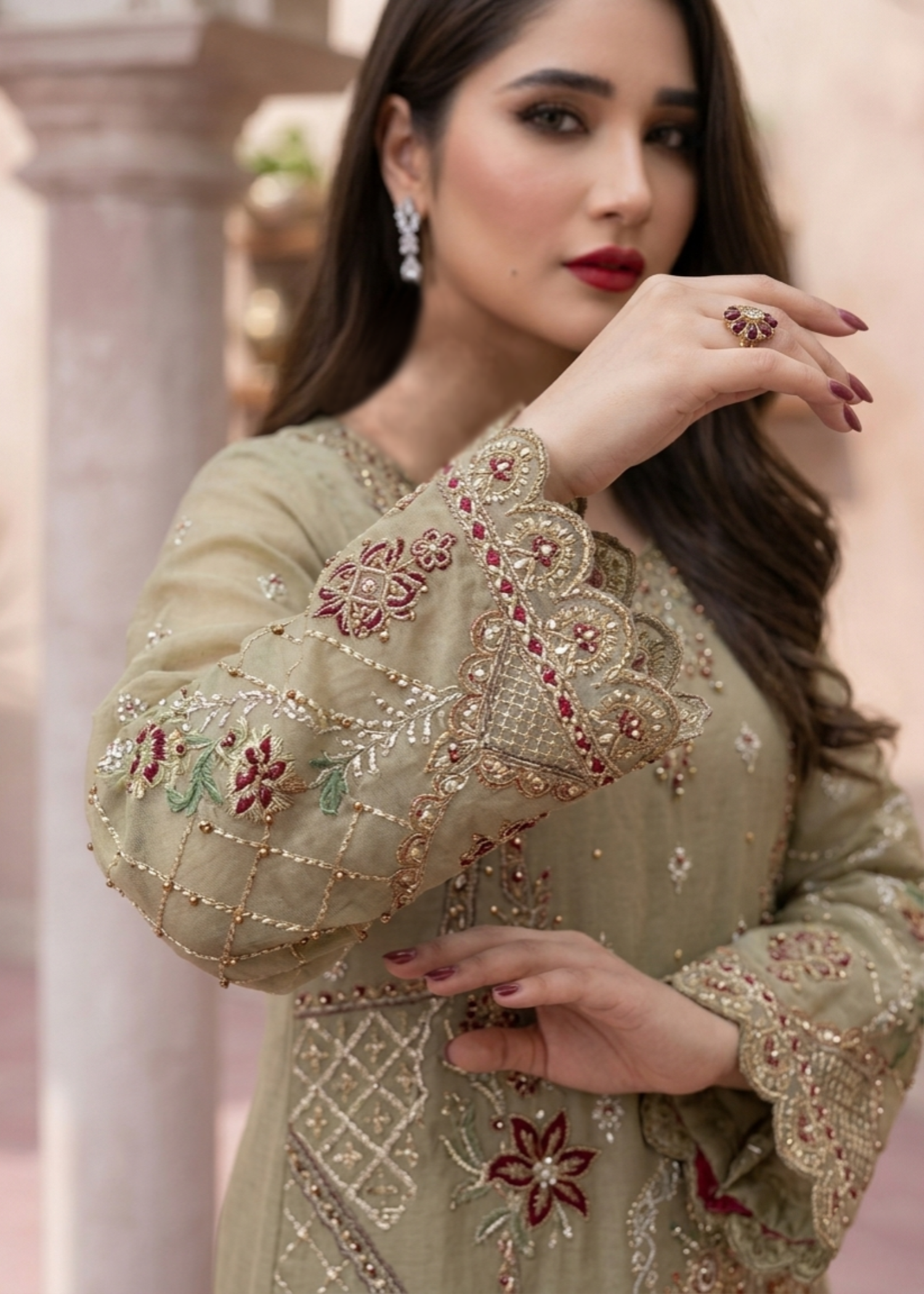 Organza Embroidered Sage Green Ladies Suit Online in Dubai UAE Abudhabi Ajman Sharjah