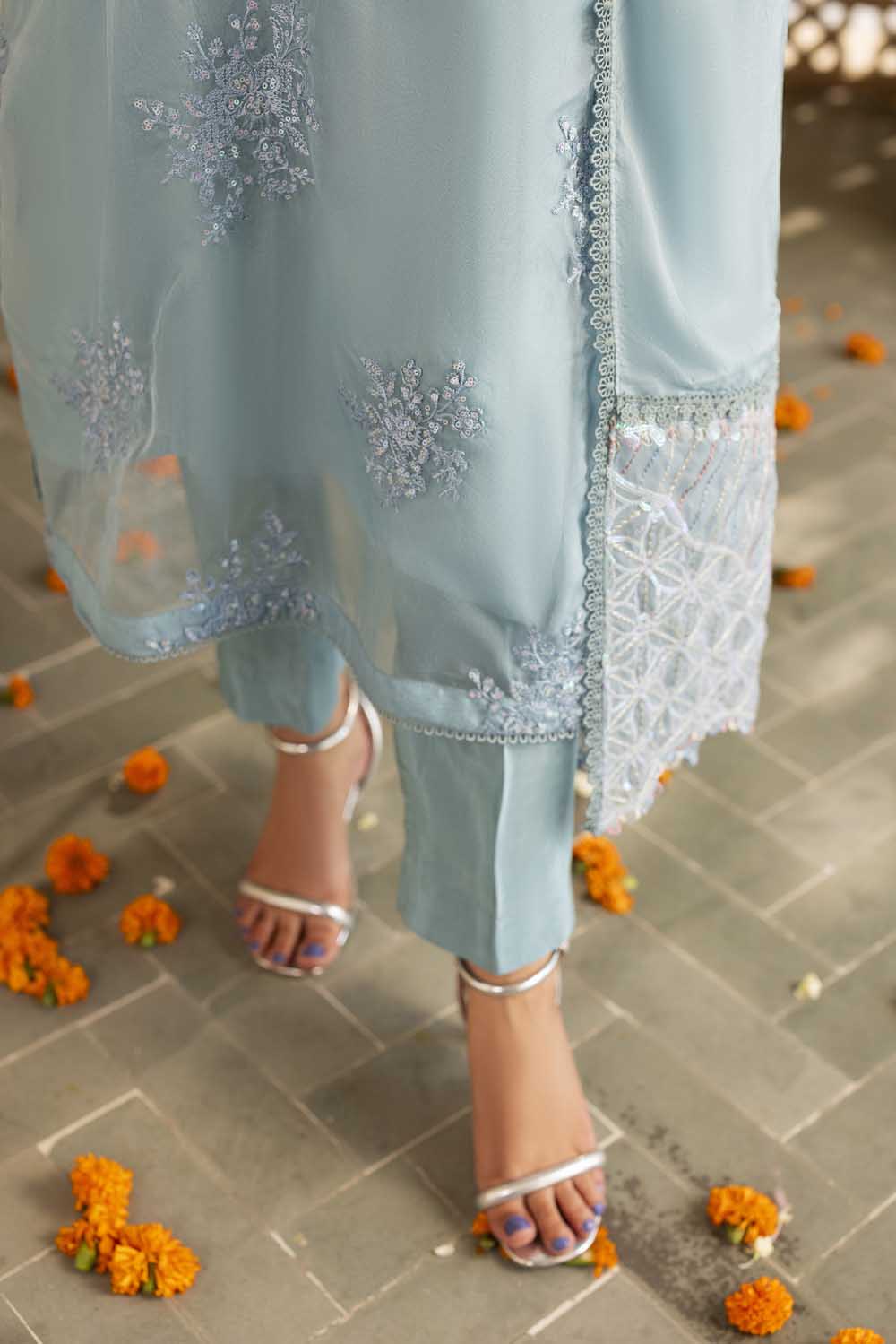 Organza Embroidered Shirt with Hand Embellished Neckline Online in Sri Lanka India Australia