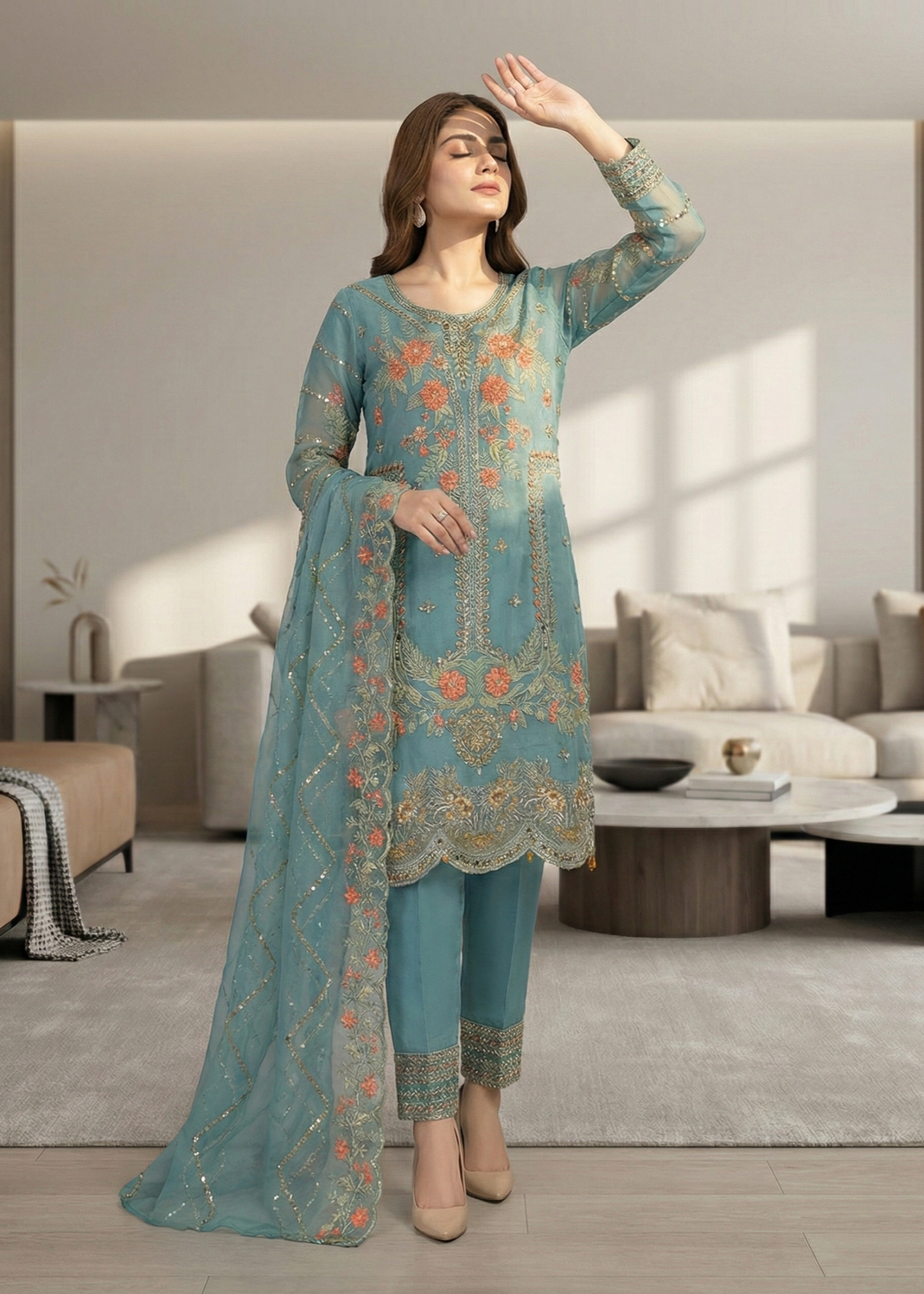Organza Embroidered Straight Kurta Suit Online in Sri Lanka India Australia