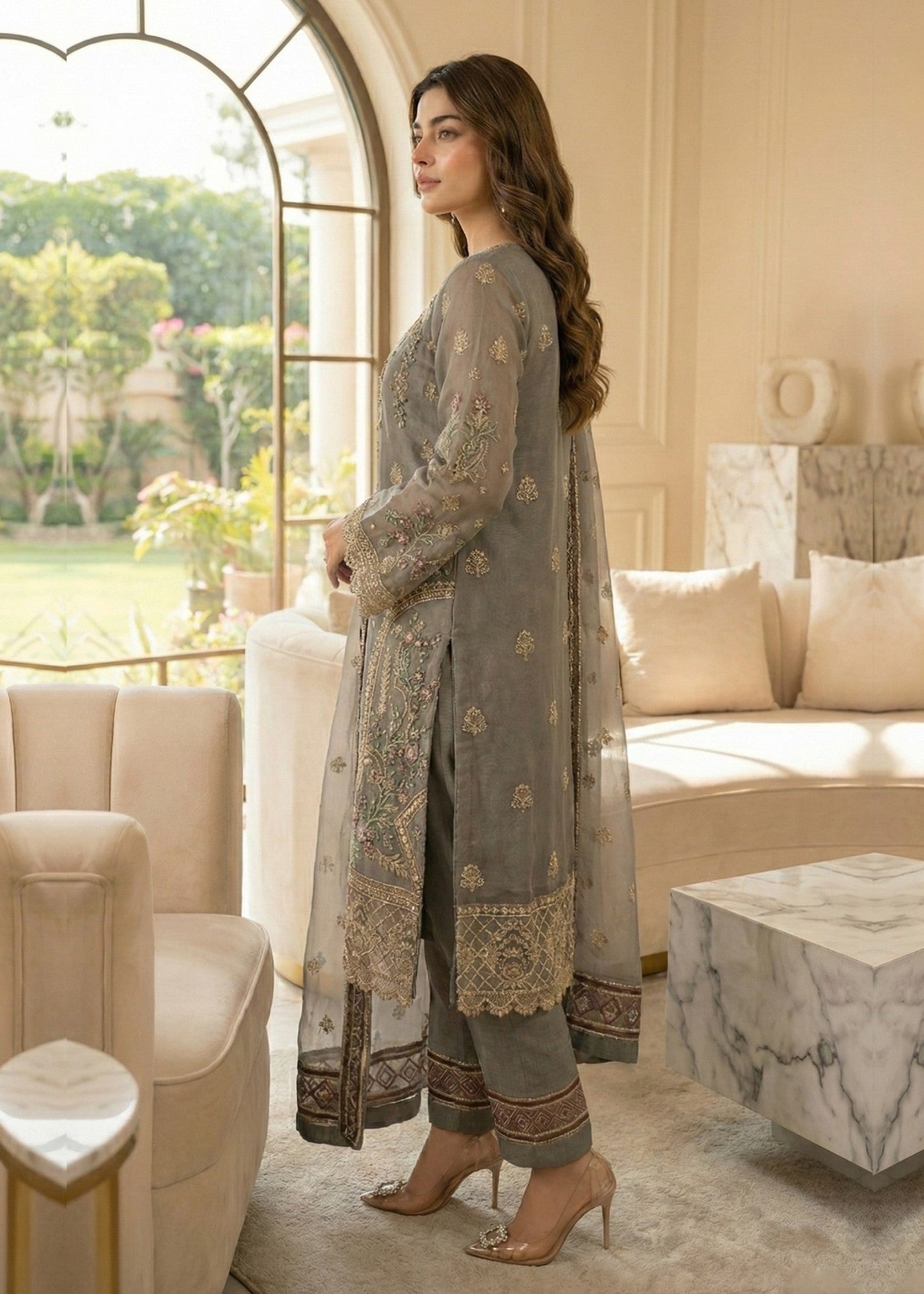 Organza Festive Wear Grey Suit Online in Sri Lanka India Australia