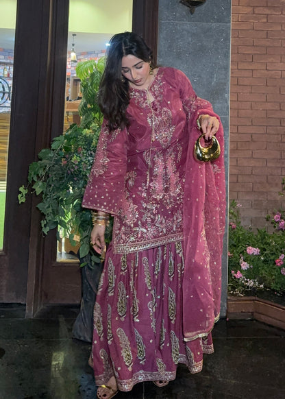 Organza Gharara Set Mauve Embroidered Online in UK USA Canada