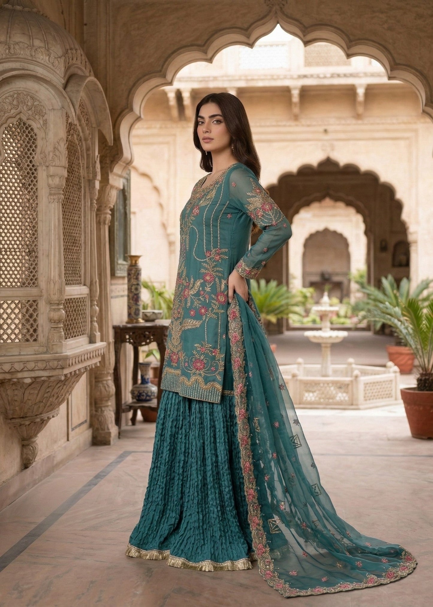 Organza Gharara Suit Sea Green Embroidered Online in Dubai UAE Abudhabi Ajman Sharjah