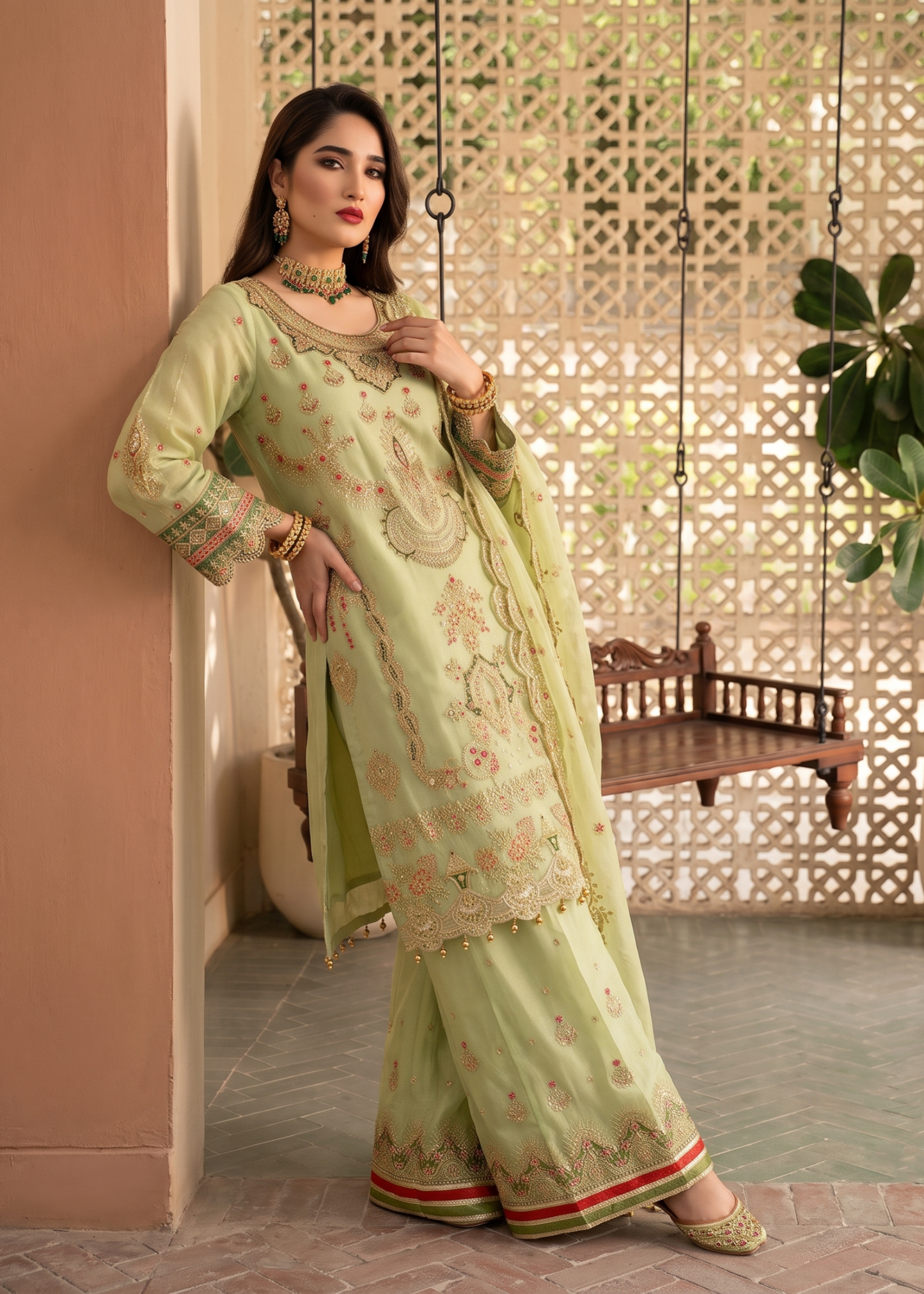 Organza Key Lime Embroidered Festive Suit Online in Sri Lanka India Australia