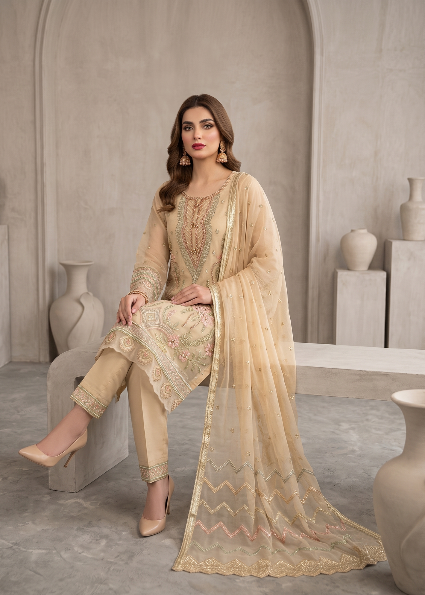 Organza Lemon Embroidered Festive Suit Online in Dubai DXB UAE Abudhabi Meena Bazaar