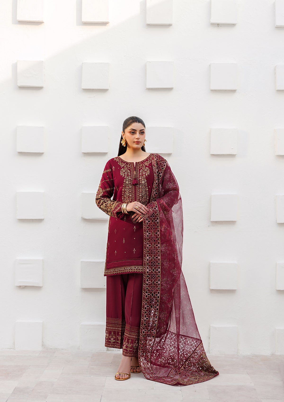 Organza Maroon Embroidered Pakistani Suit Online in Sri Lanka India Australia