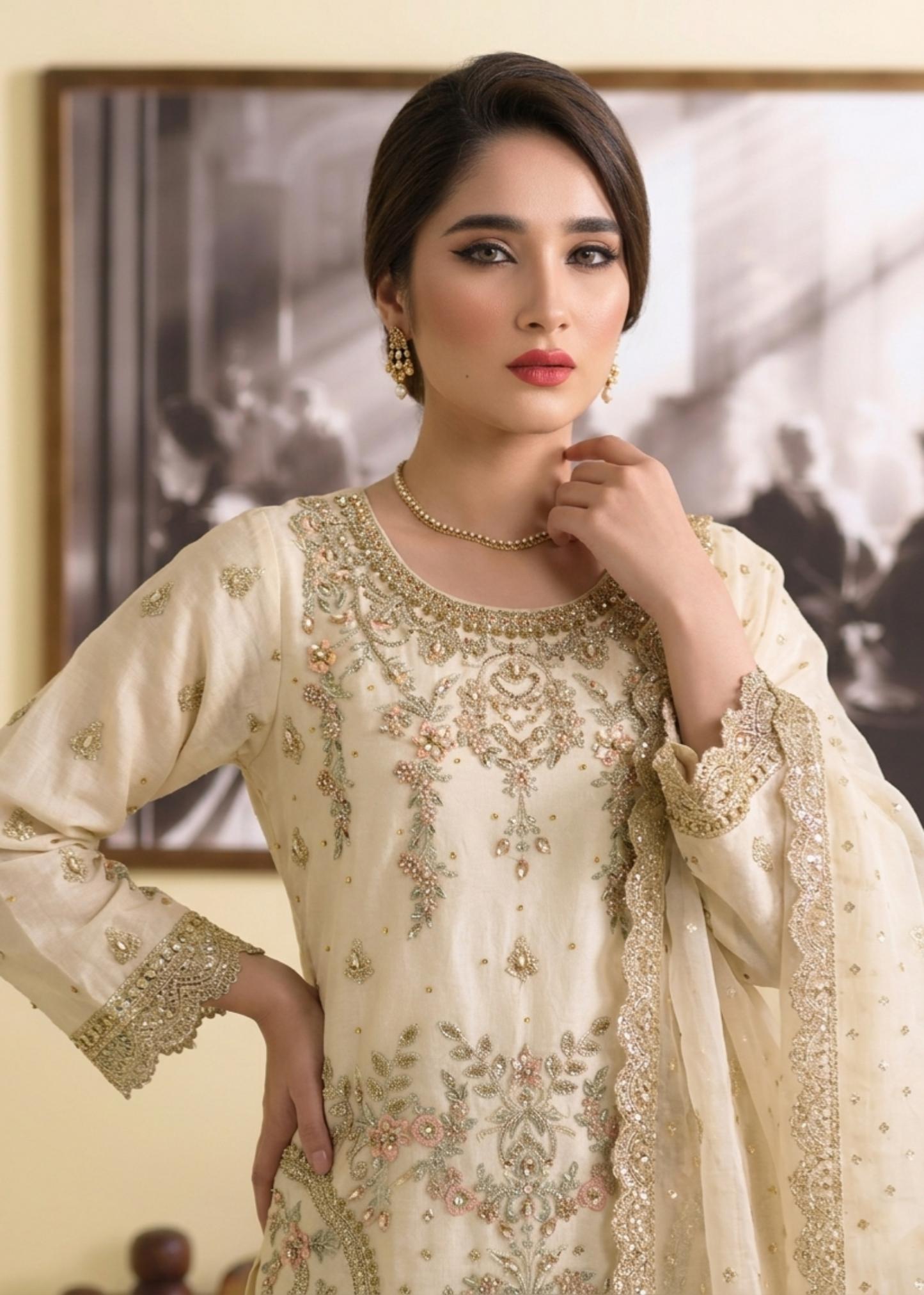 Organza Off White Embroidered Partywear Suit Online in Dubai UAE Abudhabi Ajman Sharjah