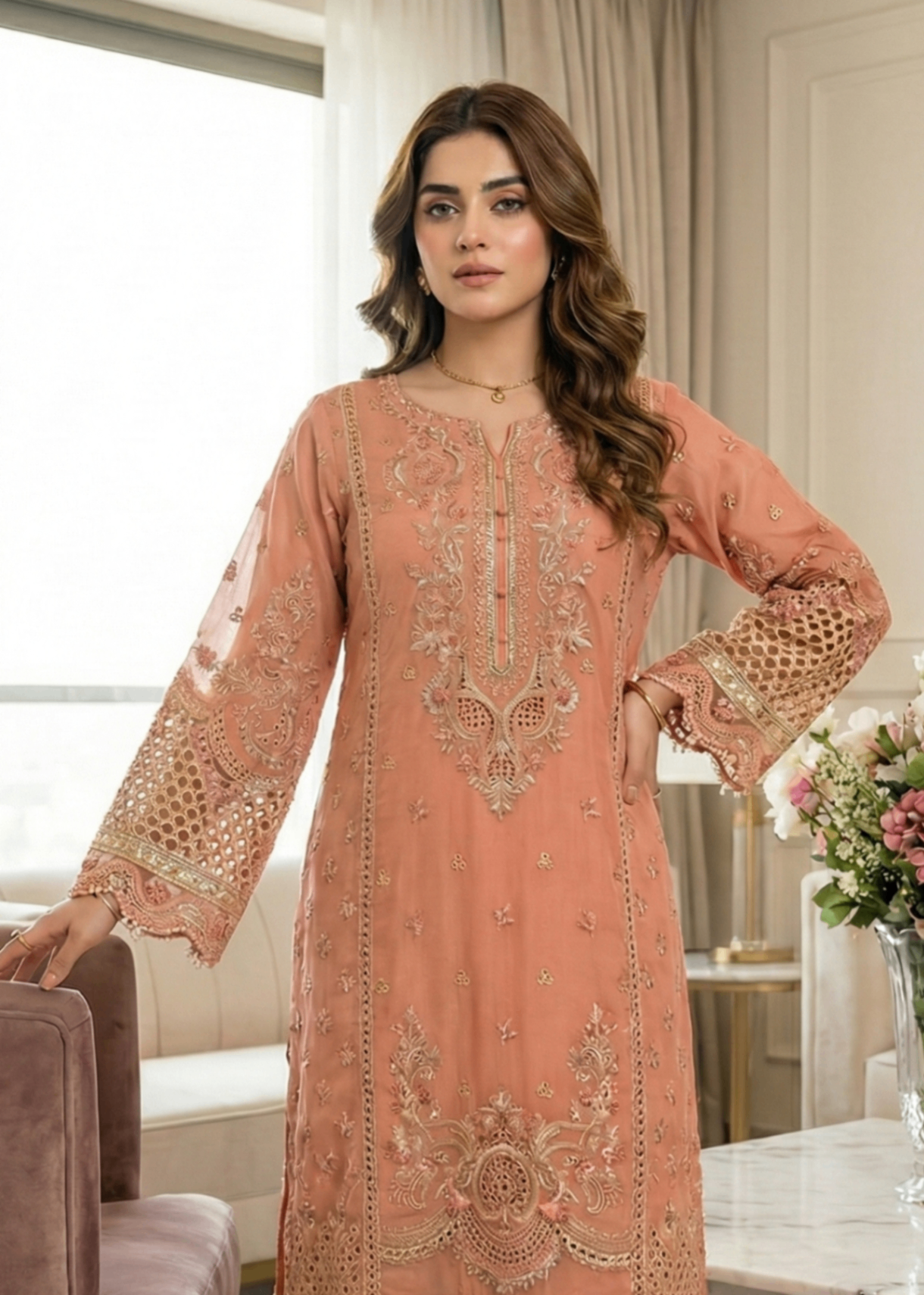 Organza Peach Embroidered Pakistani Outfit Online in Dubai DXB UAE Abudhabi Meena Bazaar