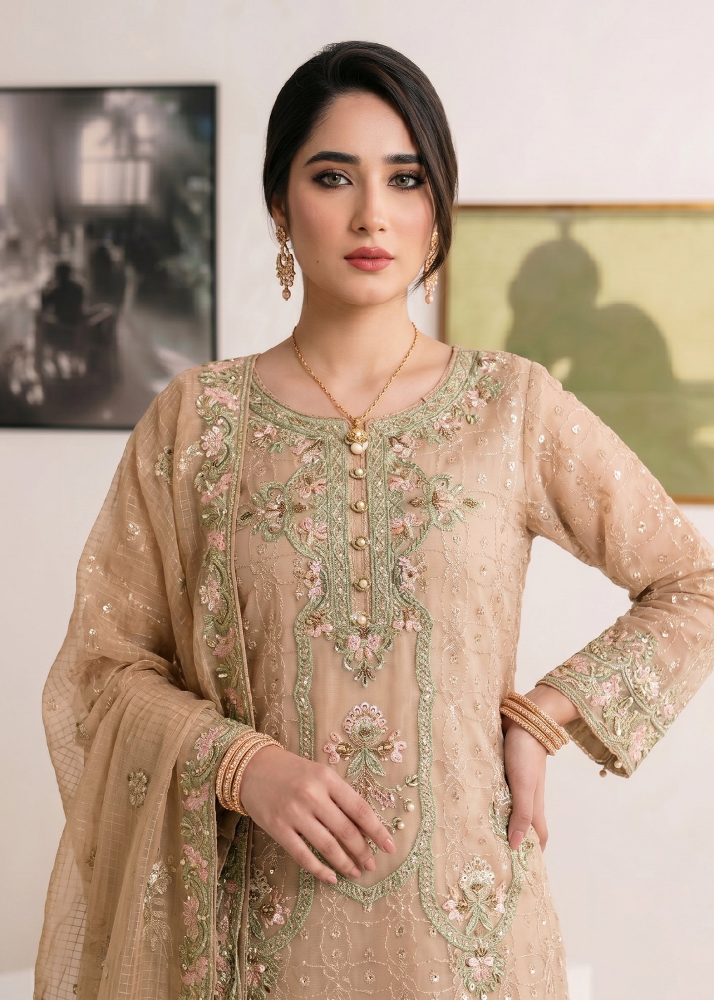 Organza Peach Embroidered Pakistani Suit Online in KSA Riyadh Saudi Arabia Oman Bahrain Qatar