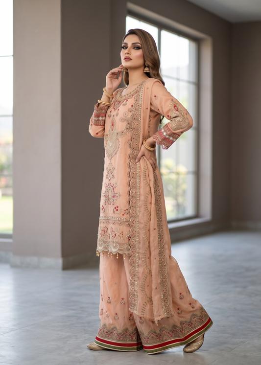 Organza Peach Sharara Party Wear Outfit Online in Dubai DXB UAE Abudhabi Meena Bazaar