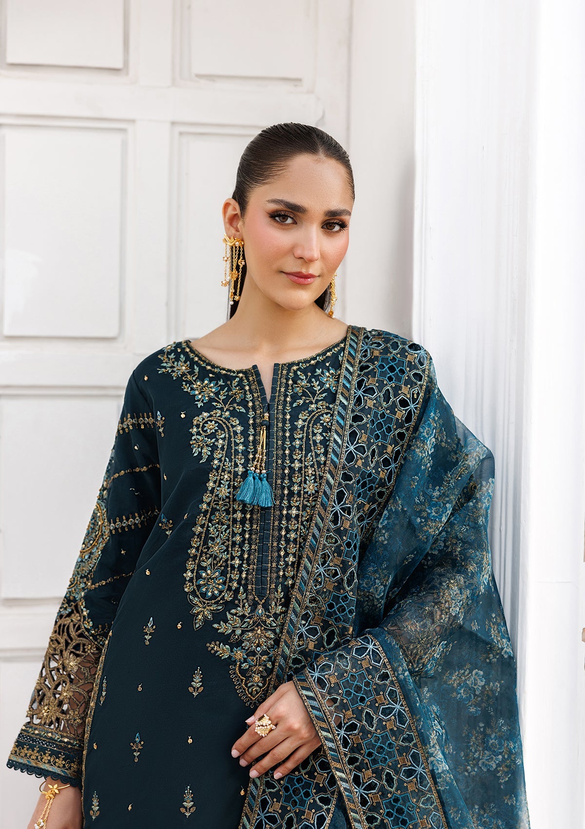 Organza Pine Green Embroidered Partywear Suit Online in UK USA Canada
