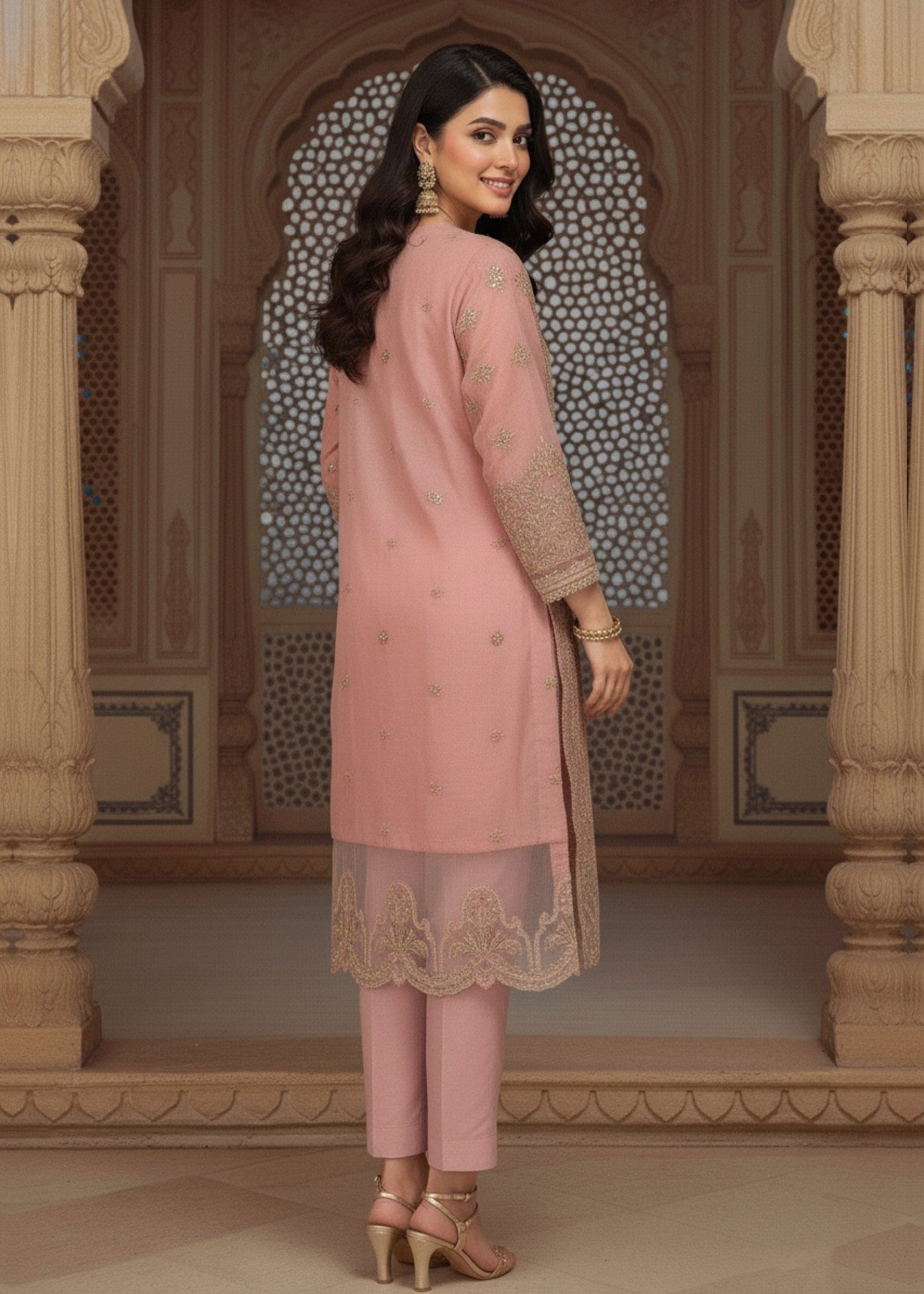 Organza Pink Embroidered 3 Piece Suit Online in Sri Lanka India Australia