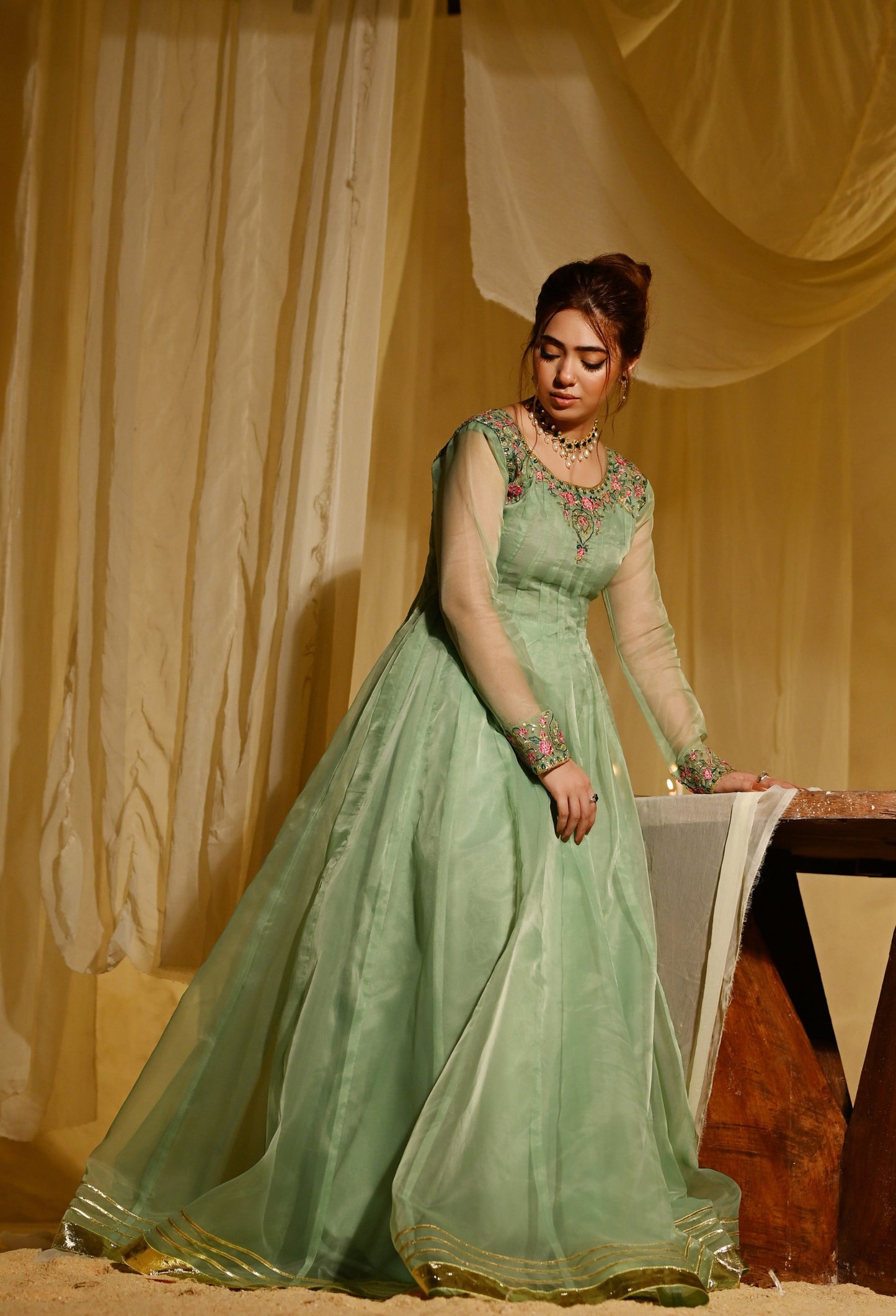 Organza Pishwas Pistachio Green Embroidered Partywear Online in Dubai UAE Abudhabi Ajman Sharjah