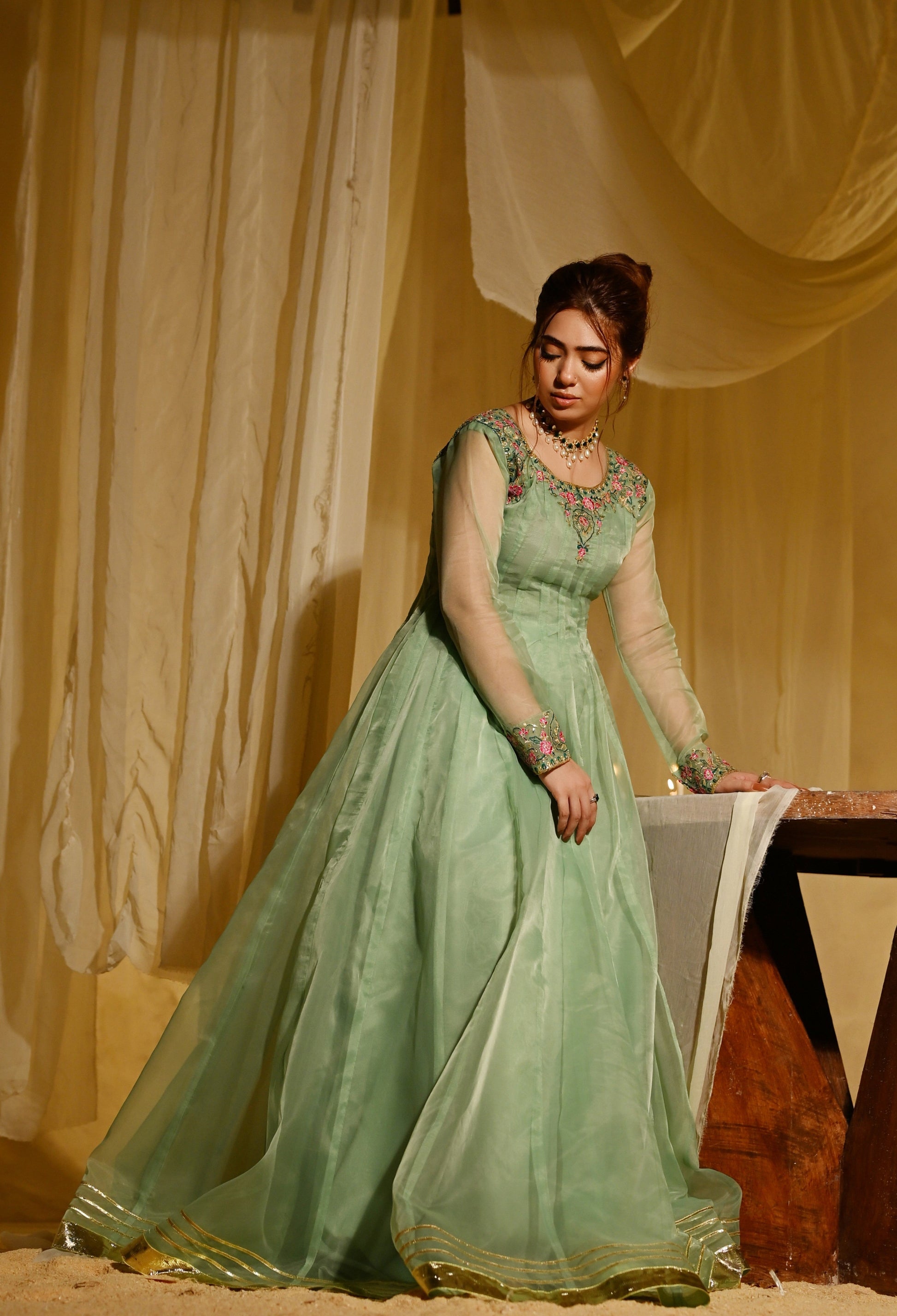 Organza Pishwas Pistachio Green Embroidered Partywear Online in Dubai UAE Abudhabi Ajman Sharjah