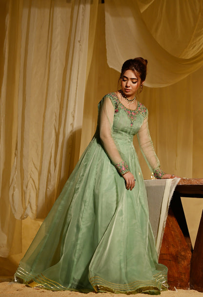 Organza Pishwas Pistachio Green Embroidered Partywear Online in Dubai UAE Abudhabi Ajman Sharjah