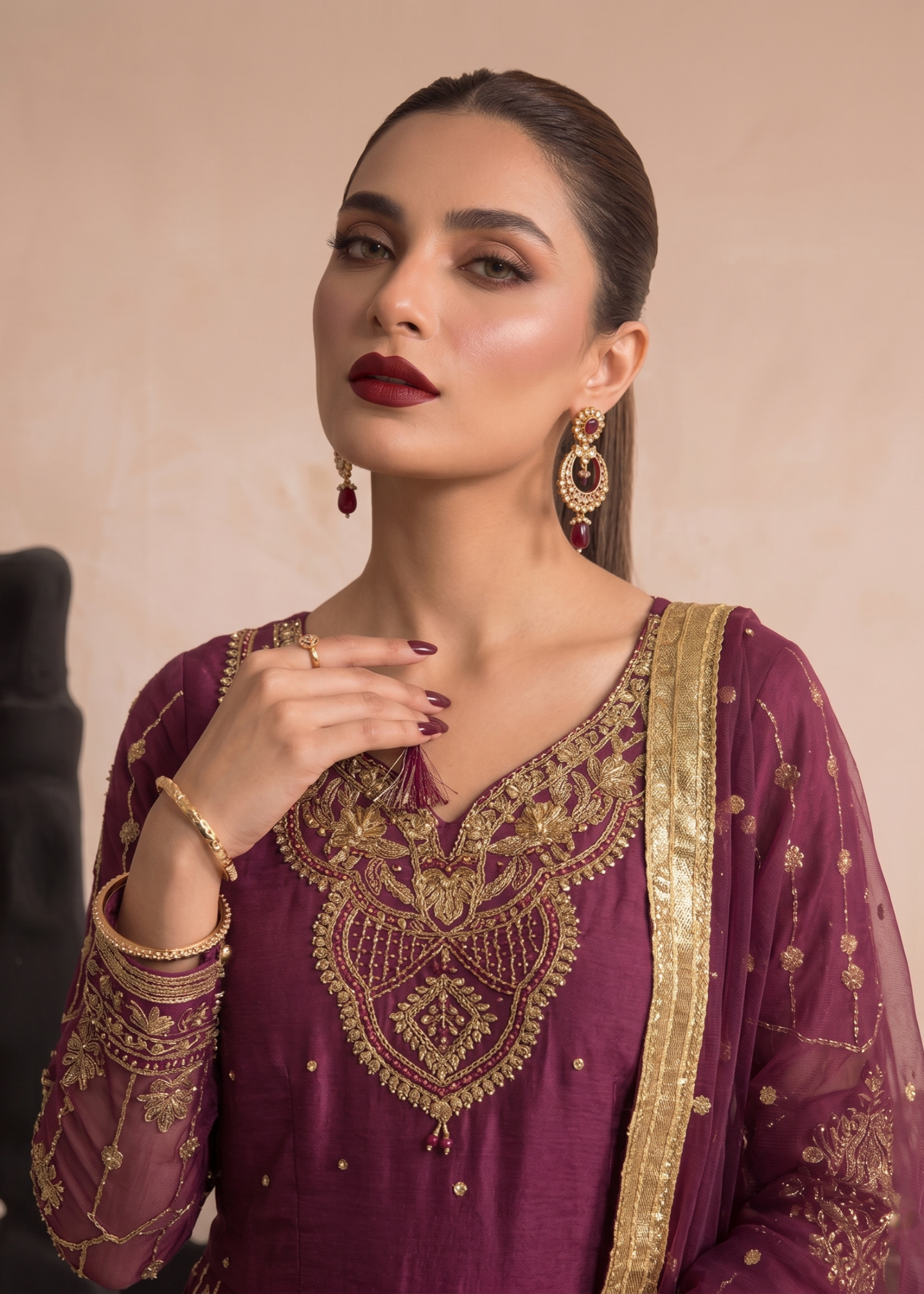 Organza Plum Embroidered 3 Piece Suit Online in Dubai UAE Abudhabi Ajman Sharjah