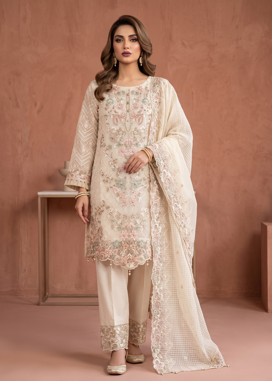 Organza White Embroidered Ladies Suit Online in UK USA Canada